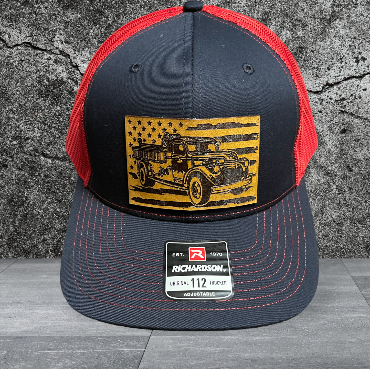 Old firetruck flag leather patch hat